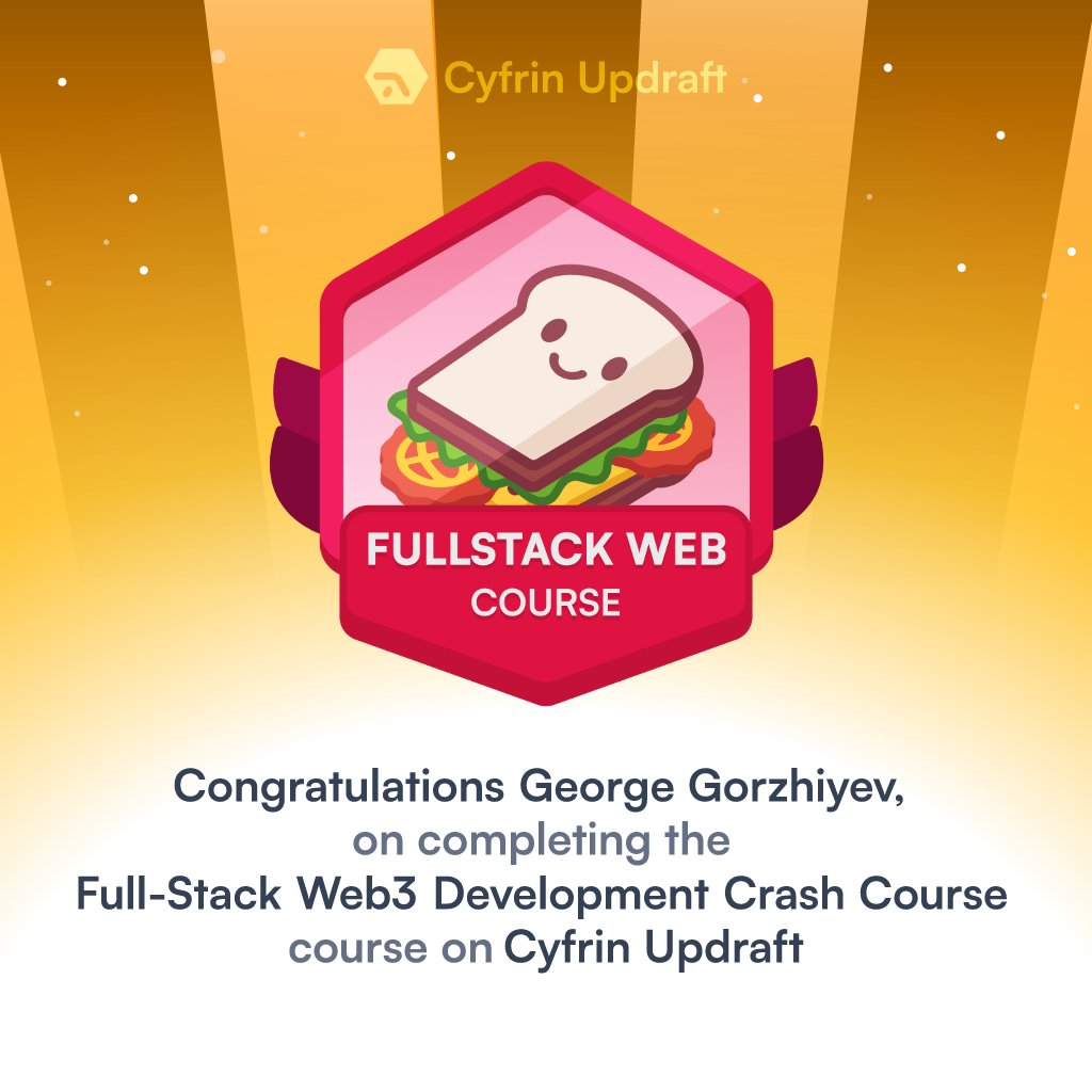 George Gorzhiyev (@ygorz01) on Twitter photo I've completed the Full-Stack Web3 Development Crash Course on <a href="/CyfrinUpdraft/">Cyfrin Updraft 🟩</a>.
That was very intense, some things I understood more than others but the general idea of how a dApp works with a smart contract makes sense now.
On my Cyfrin profile:
profiles.cyfrin.io/u/ygorz/achiev… I've completed the Full-Stack Web3 Development Crash Course on <a href="/CyfrinUpdraft/">Cyfrin Updraft 🟩</a>.
That was very intense, some things I understood more than others but the general idea of how a dApp works with a smart contract makes sense now.
On my Cyfrin profile:
profiles.cyfrin.io/u/ygorz/achiev…