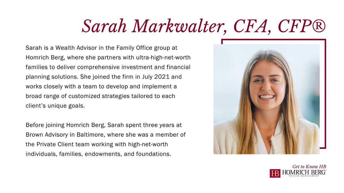 Who We are Wednesday -Sarah Markwalter, CFA, CFP®

Click the link to read Sarah's full bio: bit.ly/4l5N1JC

#homrichberg #fiduciary #feeonly #financialadvisor #financialplanning #ria #financialadvisors #financialplanners #wealthmanagement
#wealthmanagementservices