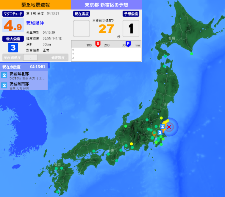 EqAlarm's tweet photo. [緊急地震速報] 04:13:53現在
第1報 予報
発生時刻：04:13:39
震央情報：茨城県沖
震源情報：36.5N 141.1E 30km
地震規模：M4.9 最大震度：3
予想震度：1.3 猶予時間：あと27秒 https://t.co/n8wmCQJy6B
