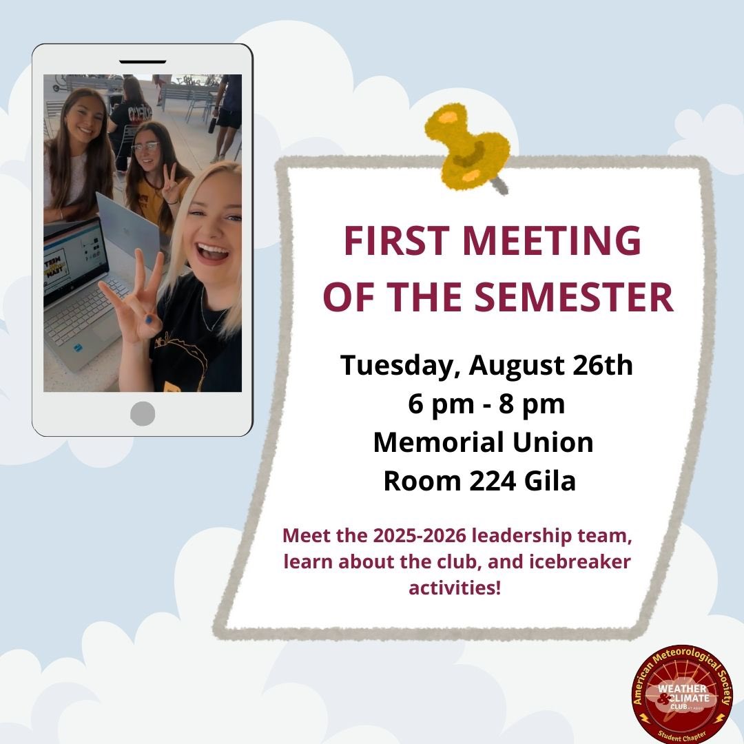 WxClubatASU's tweet photo. ⚡️August 2025 Events Schedule⚡️

We cannot wait to meet you all! If you have any questions - reach out!

#asu #arizona #weather #azwx #club #events https://t.co/PjBZNxyC45