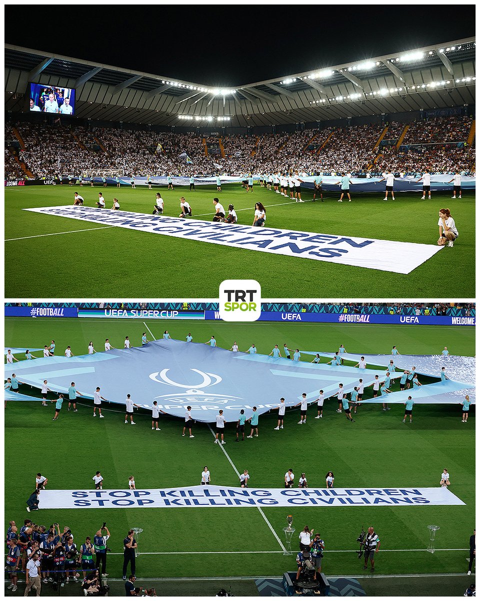 🪧 UEFA, Paris Saint-Germain × Tottenham maçı öncesinde seremonide "Çocukları ve sivilleri öldürmeyi durdurun" yazılı pankart açtı.
