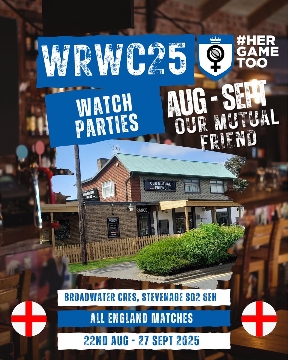 SFCHerGameToo's tweet photo. Women’s Rugby World Cup is just around the corner.  Come &amp; join us at #Mutualfriend #Stevenage for the @HerGameTooRugby watch parties. Come and show your support for the Red Roses in the #WRWC25 in their 1st group game against the USA, Friday 22/8 7.30pm kick off @Stonegate_Group https://t.co/wvaBdzlQcF