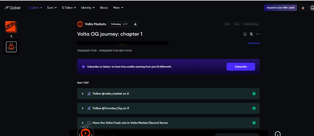 While we await the Core Mission campaign, <a href="/volta_market/">Volta</a> Kickstart their OG quest

To become a volta OG we need to collect 3 badges

Let's claim the first badge on galxe

Open this link
app.galxe.com/quest/JLvTAuXg…

TASK
✅ Connect your wallet 

✅ Follow volta and CoreDao