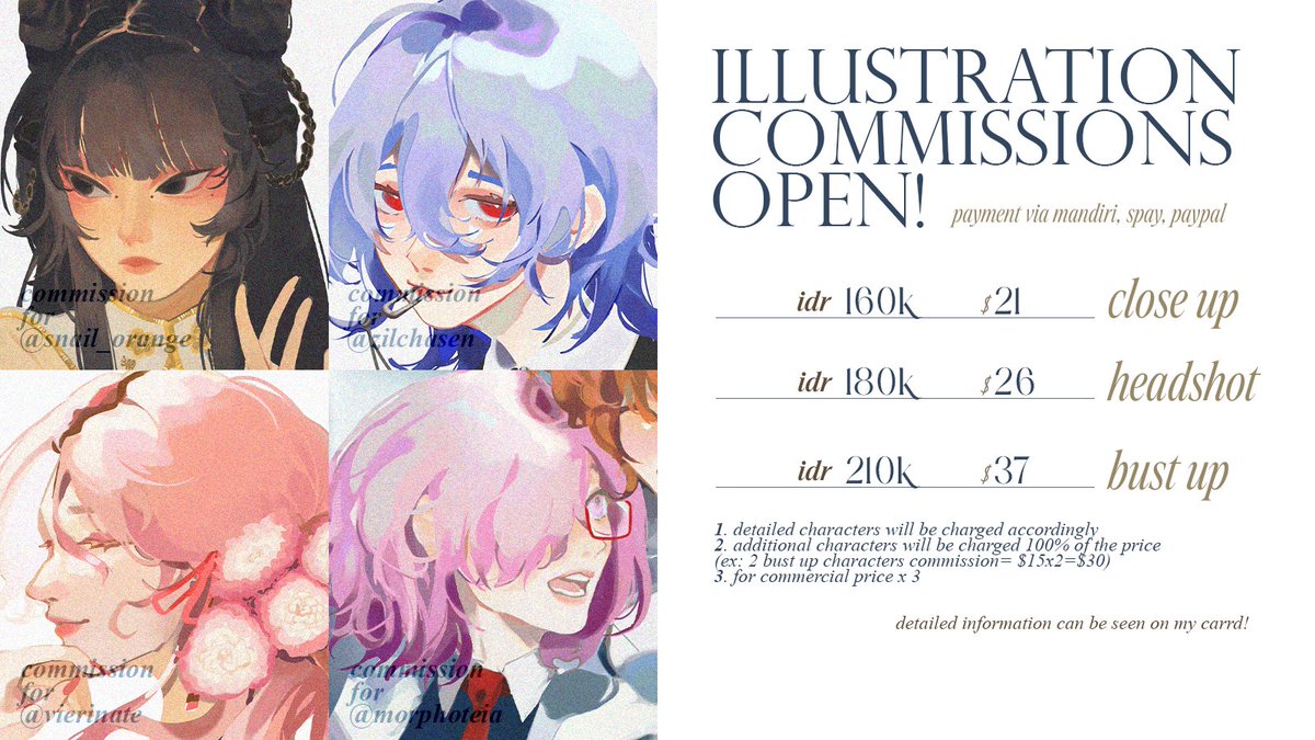 [commissions open✨]  
interactions are appreciated!

i'll be opening 5 slots and for cf prep </3. strictly only open for close up to bust up but chibis are also available! for more details please check my carrd <3 neitancommissions.carrd.co 
dm me if you're interested! 
#artidn