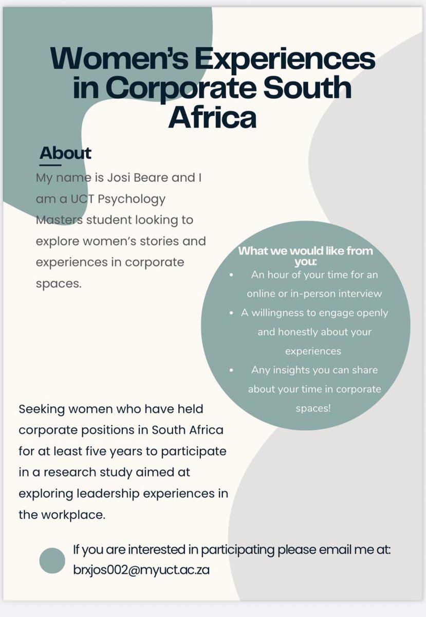 Hello Everyone 

Josi is looking to speak to women in corporate South Africa. She would like to speak to you on your experiences of leadership in the workplace. 

You can reach out to Josi on the email below.
