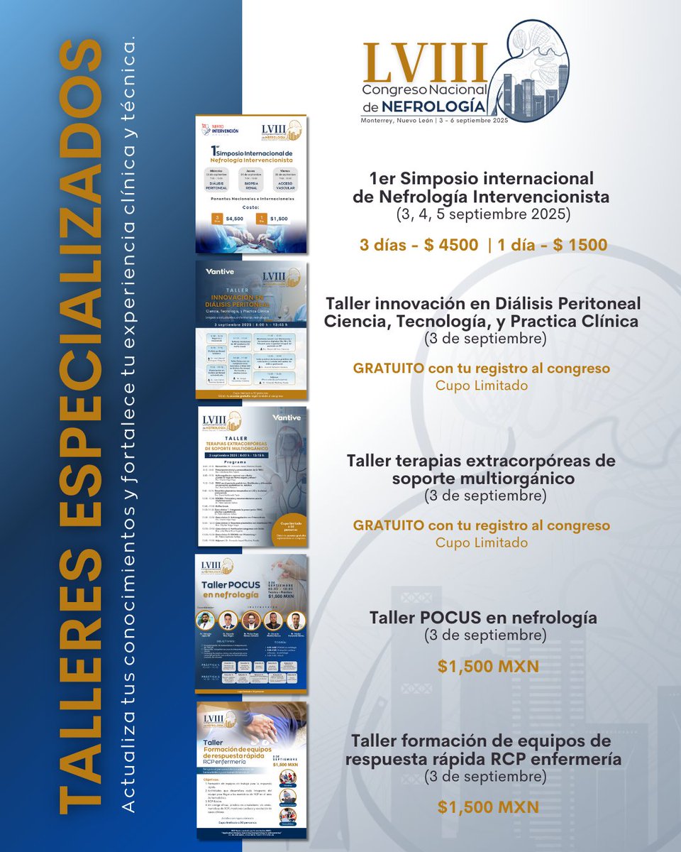 🛠 ¡Actualiza tus habilidades en el LVIII Congreso Nacional de Nefrología!
Talleres especializados con cupo limitado. 
📅 3 sept. 2025 – Monterrey, N.L.
🔗 Detalles: drive.google.com/.../1JGnhzVGCe…...
🎟 Registro: app.acceda.mx/nefrologia/reg…

#Nefrología #LVIIICNN2025 #Talleres #Nefrologos