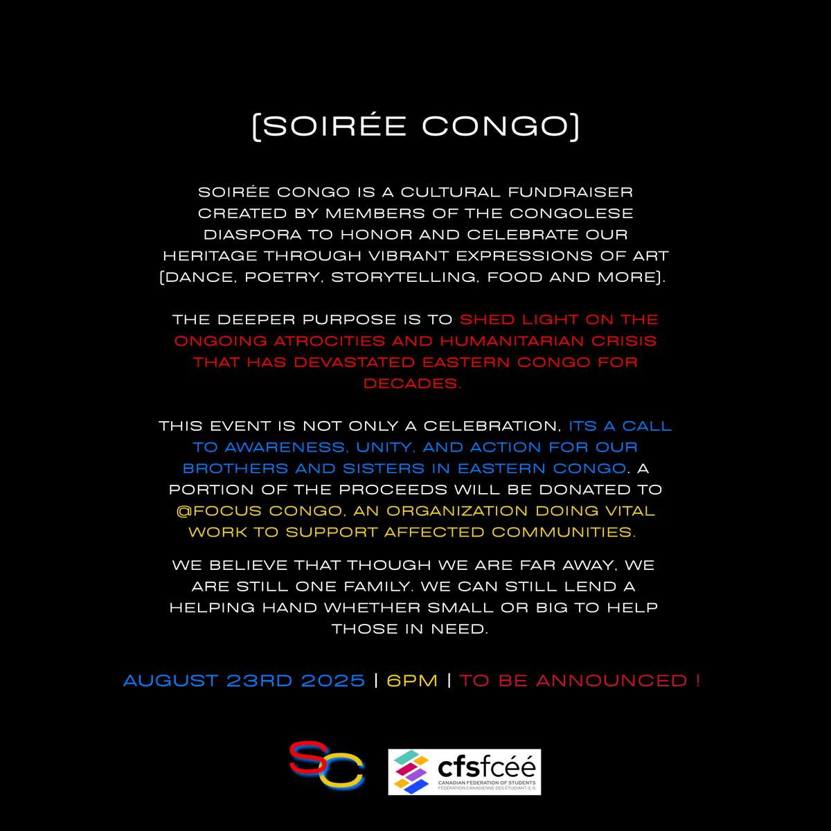 refugee613's tweet photo. Looking for a fun way to spend one of the last weekends of summer?

Soirée Congo is a community-rooted event raising funds for Focus Congo, an organization supporting the prosperity of the people of the Democratic Republic of Congo.

Get your ticket here: https://t.co/nqso5FQKsh https://t.co/iw53kQ4HKh