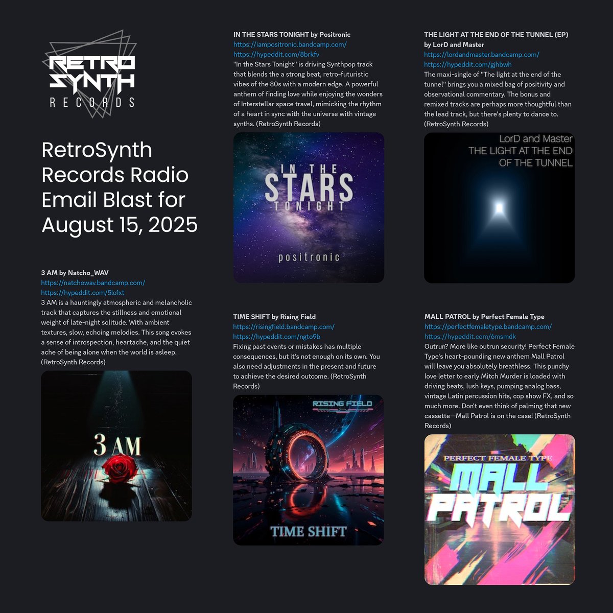 EmotivMediaGrp's tweet photo. Here's what's going out to radio from the @RetroSynthRecs Collective for August 15 this week.
@Natcho_WAV
@Positronic8
#RisingField
#LorDandMaster
@PerfectFemaleType https://t.co/nMb5p0JQko