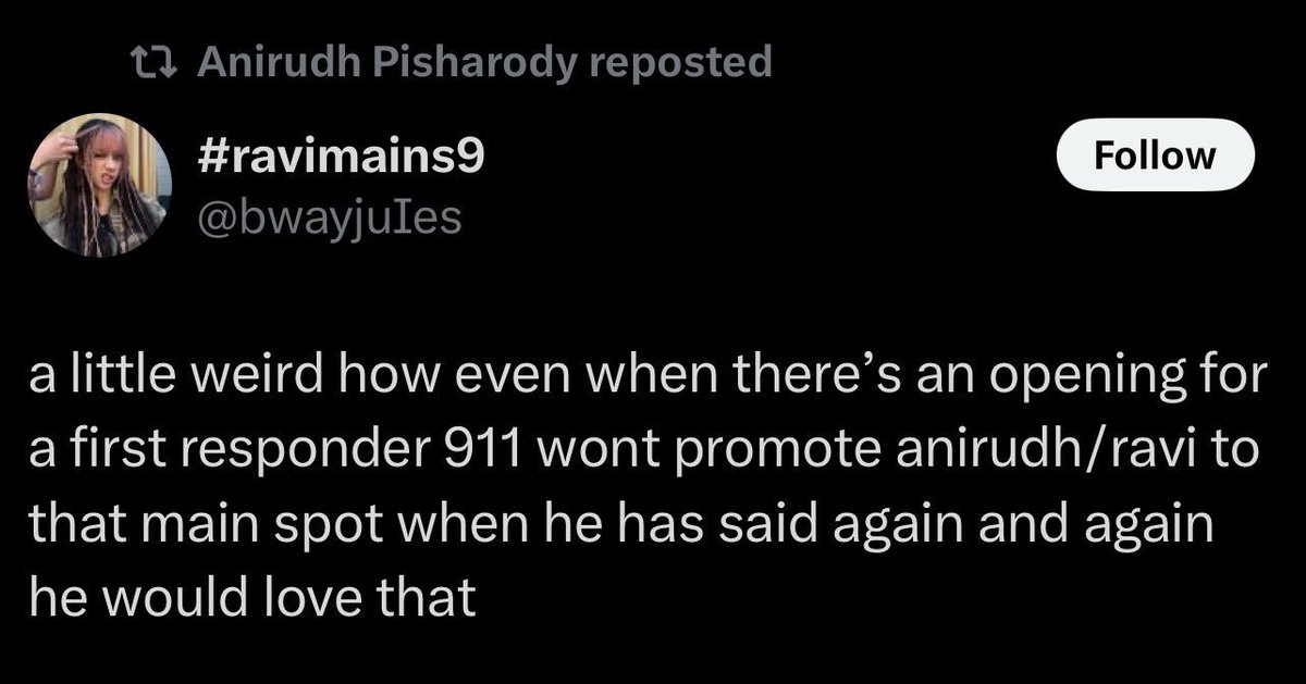 911reacts's tweet photo. Anirudh posts and retweets the following in response to the news that his character Ravi has not been promoted to main:
#911onabc #ravimain https://t.co/9vcoX0tSLQ