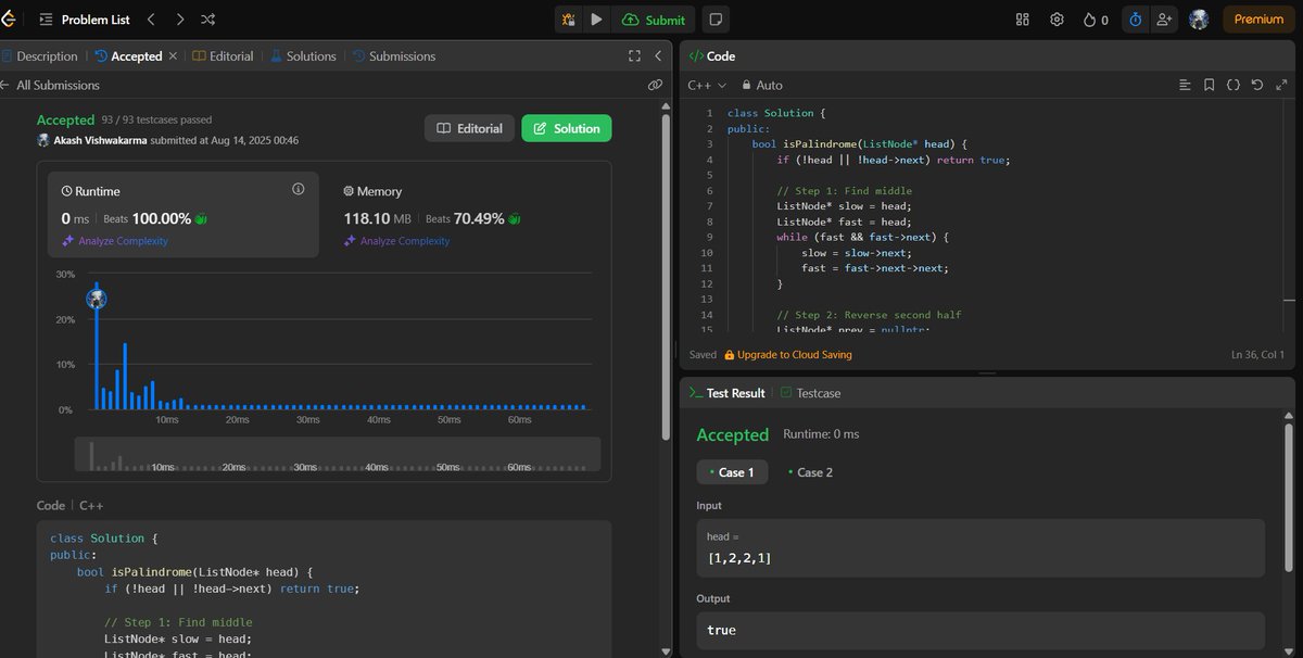 AKASHVISHW64779's tweet image. Day 43 of #90DaysOfCoding 📚
Only 1 problem today — and that’s okay.
✅ Check if a Linked List is Palindrome (Medium)
Showed up. Solved it. Learned something new. 🚀
Progress > Perfection 🙌
#LeetCode #DSA #LinkedList #ProblemSolving #CodingJourney