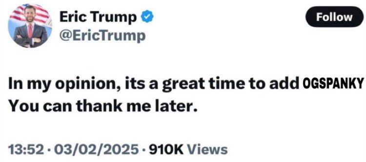 Ahhh fuckkkk 🫶🏼 imma bust a nutt 🥹

🫡 Thank you, <a href="/EricTrump/">Eric Trump</a> 

5JcoGoKo6YxFeatYY18cTrkk6fwyzM4VqtPfBoyMpump

#OGSPANKY