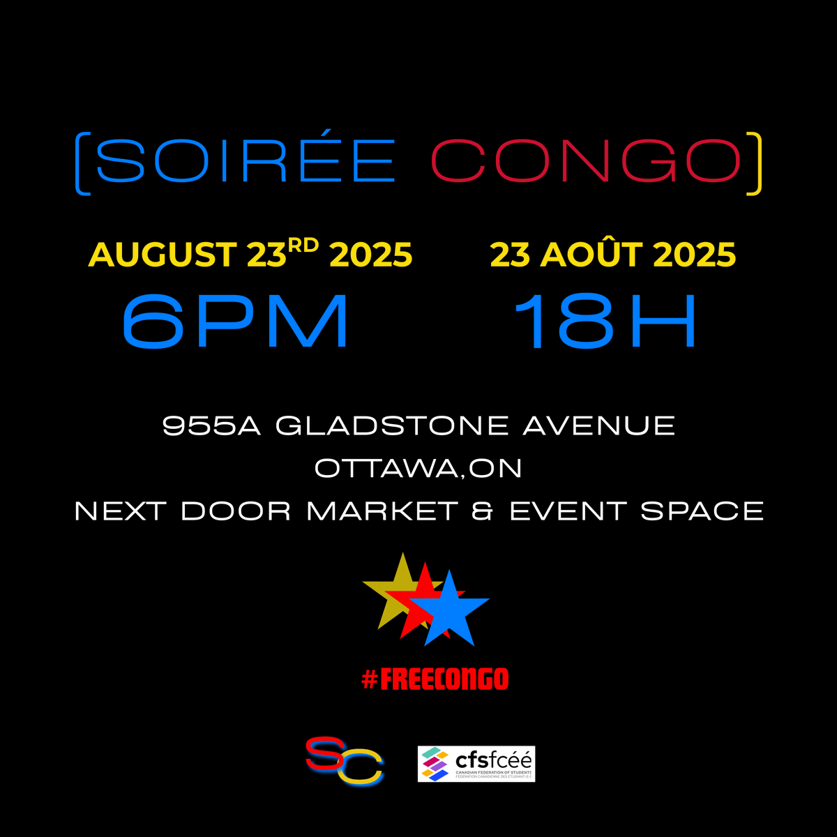 refugee613's tweet photo. Looking for a fun way to spend one of the last weekends of summer?

Soirée Congo is a community-rooted event raising funds for Focus Congo, an organization supporting the prosperity of the people of the Democratic Republic of Congo.

Get your ticket here: https://t.co/nqso5FQKsh https://t.co/iw53kQ4HKh