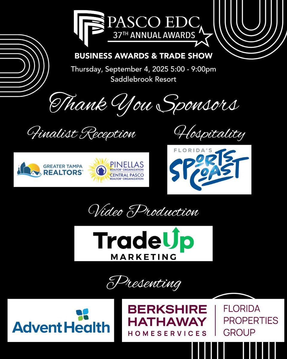 SMARTstart Pasco (@smartstartpasco) on Twitter photo A special shoutout to some of our #PascoEDCAnnualAwards2025 sponsors! Thank you to our Finalist Reception Sponsor: @realtorstampa
Hospitality Sponsor: <a href="/FLSportsCoast/">Florida's Sports Coast</a>
Video Production Sponsor: TradeUp Marketing
Presenting Sponsors: <a href="/AdventHealthWFL/">AdventHealth West Florida</a> and Berkshire Hathaway A special shoutout to some of our #PascoEDCAnnualAwards2025 sponsors! Thank you to our Finalist Reception Sponsor: @realtorstampa
Hospitality Sponsor: <a href="/FLSportsCoast/">Florida's Sports Coast</a>
Video Production Sponsor: TradeUp Marketing
Presenting Sponsors: <a href="/AdventHealthWFL/">AdventHealth West Florida</a> and Berkshire Hathaway