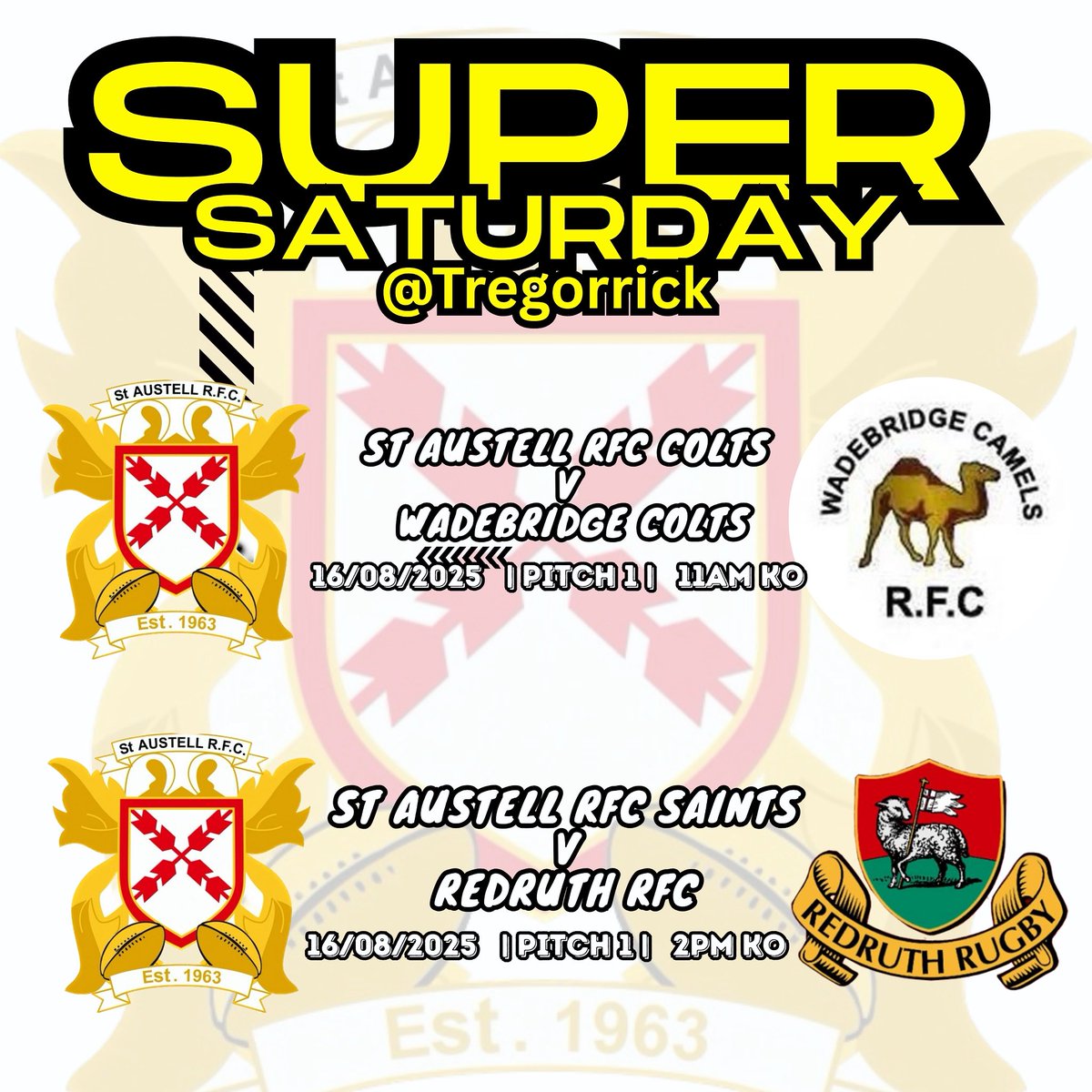 StAustellRFC's tweet photo. 🔴⚪️IT’S SUPER SATURDAY AT TREGORRICK!⚪️🔴
Two thrilling matches ahead! Our youth and seniors showcase their skills.
Colts vs Wadebridge, 11am KO
Saints vs Redruth RFC, 2pm  KO https://t.co/xgVpNmBXD0
