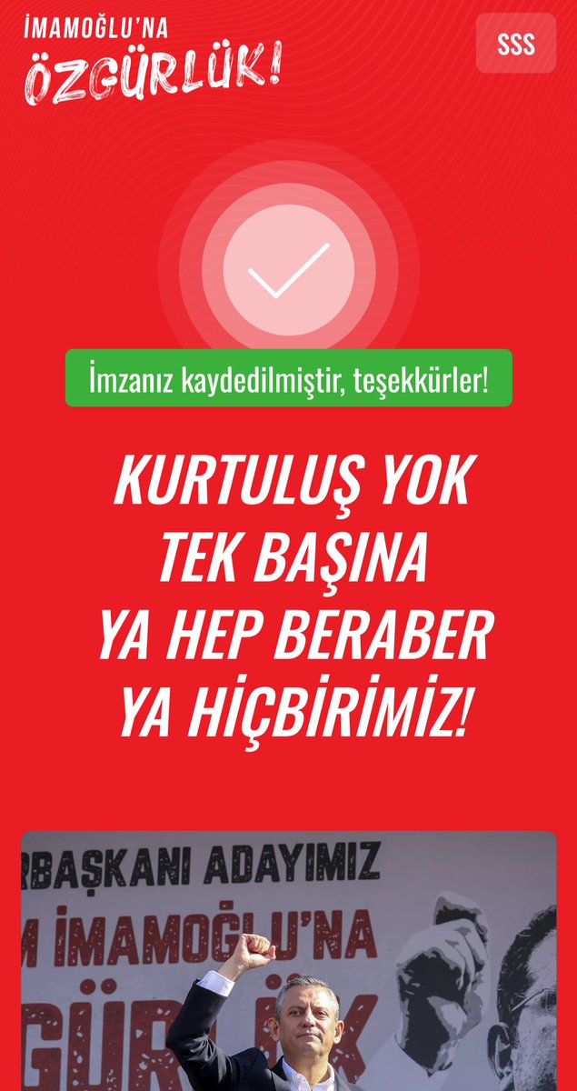 CHP, “İmamoğlu’na Özgürlük ve Erken Seçim” kampanyası için online imza kampanyası başlattı.

🔗İmza atmak için: Benimimzam.net