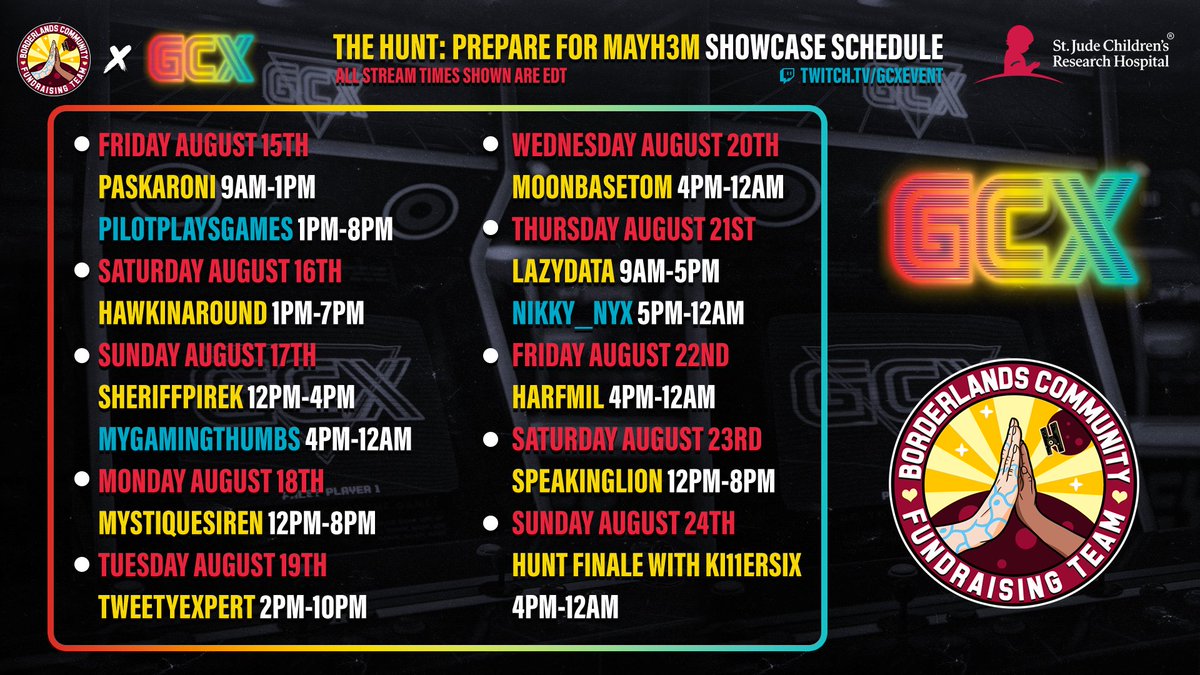 Heyo Vault Hunters! 🧠

We have teamed up with the wonderful <a href="/GCXEvent/">GCX</a> to showcase some of our Hunters during #TheHuntP4M starting this Friday! 

Catch these streamers on the official GCX channel all week, raising money for <a href="/StJudePLAYLIVE/">St. Jude PLAY LIVE</a>! #ForTheKids ❤️

PREPARE FOR MAYH3M!