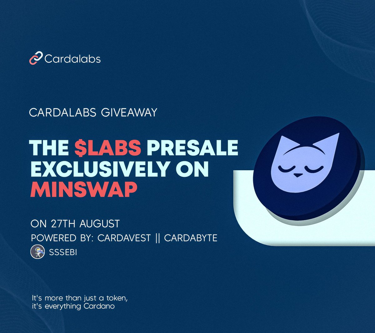 Sssebi🦁 (@av_sebastian) on Twitter photo ⚡️Giveaway⚡️
Partnering up with <a href="/CardaLabs/">CardaLabs (Prev. CardaChain)</a> to give away 200 $ADA.
$LABS token is launching on the 27th of August and it's going to be HUGE.
AI DeFi coming to Cardano🔥
⏰48hrs to participate
✅Like & RT
✅Follow <a href="/CardaLabs/">CardaLabs (Prev. CardaChain)</a> & <a href="/Av_Sebastian/">Sssebi🦁</a>
✅Comment " $ADA to $25 in 2025 " ⚡️Giveaway⚡️
Partnering up with <a href="/CardaLabs/">CardaLabs (Prev. CardaChain)</a> to give away 200 $ADA.
$LABS token is launching on the 27th of August and it's going to be HUGE.
AI DeFi coming to Cardano🔥
⏰48hrs to participate
✅Like & RT
✅Follow <a href="/CardaLabs/">CardaLabs (Prev. CardaChain)</a> & <a href="/Av_Sebastian/">Sssebi🦁</a>
✅Comment " $ADA to $25 in 2025 "