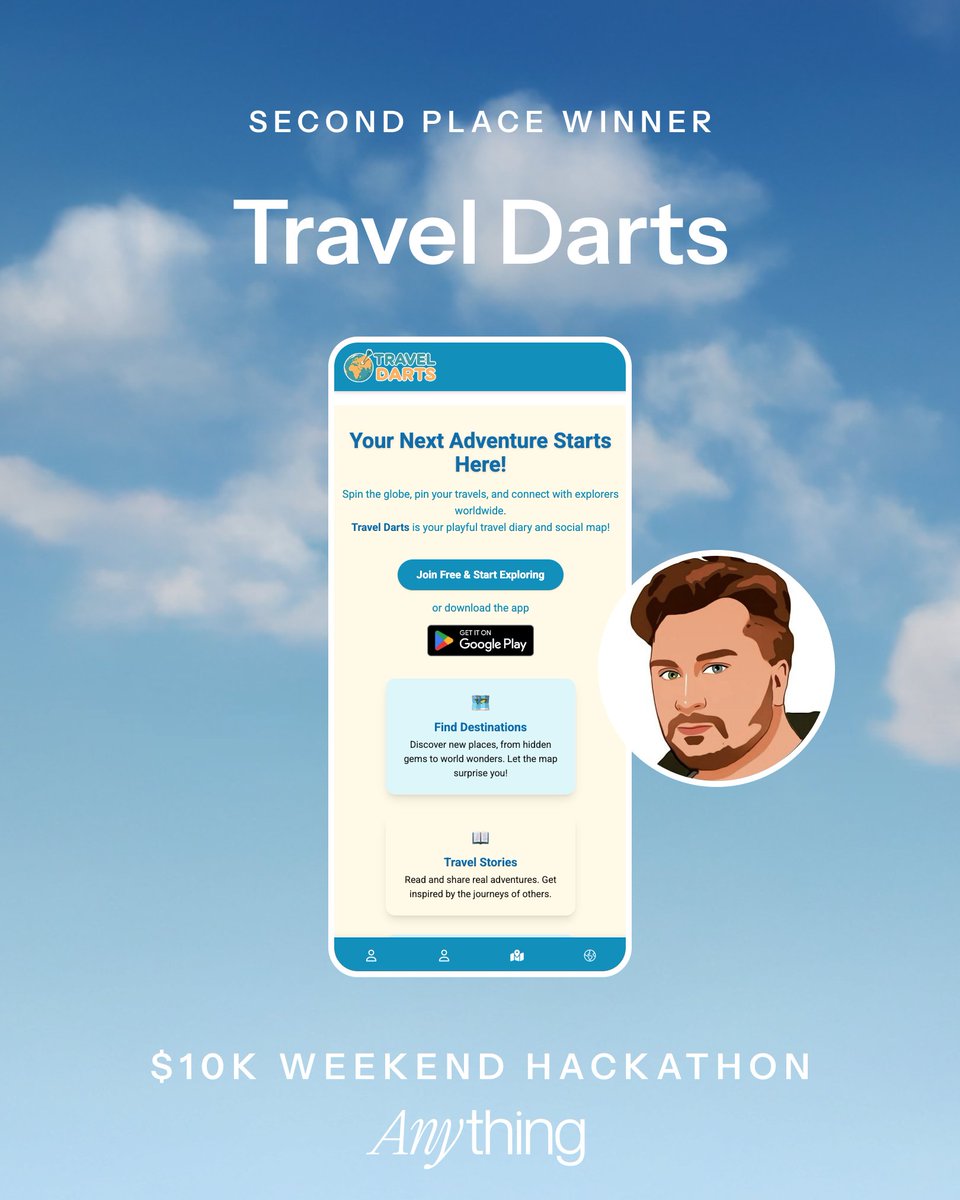anything's tweet photo. 🥈 Second place in our $10K Weekend Hackathon goes to

Travel Darts by @RaymanV3 🎯

A playful travel diary and social map where you can spin the globe, pin your adventures, and discover new places you’ve never even thought about visiting.

Love to see it 🌍 https://t.co/2a8pjwNIDL