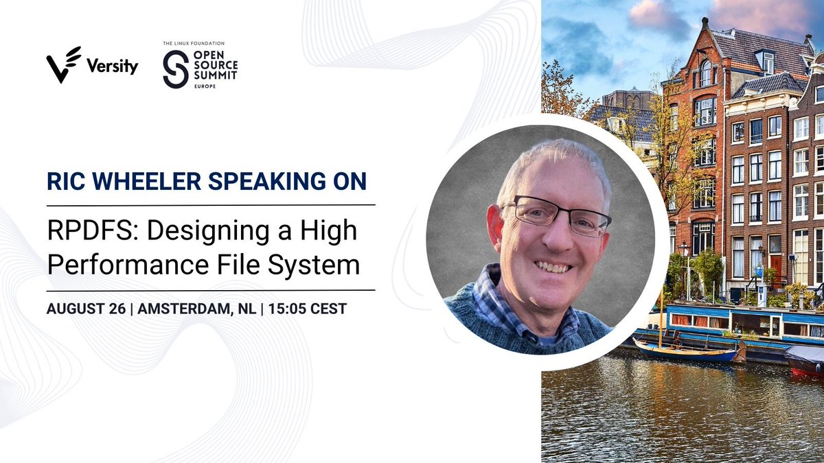 VersitySoftware's tweet image. Ric Wheeler will present at Open Source Summit on August 26, 2025! Dive into RPDFS, a scalable, low-latency distributed file system built for modern workloads. We are excited to connect with the open source community and share insights. 
#OpenSourceSummit #RPDFS #TechInnovation