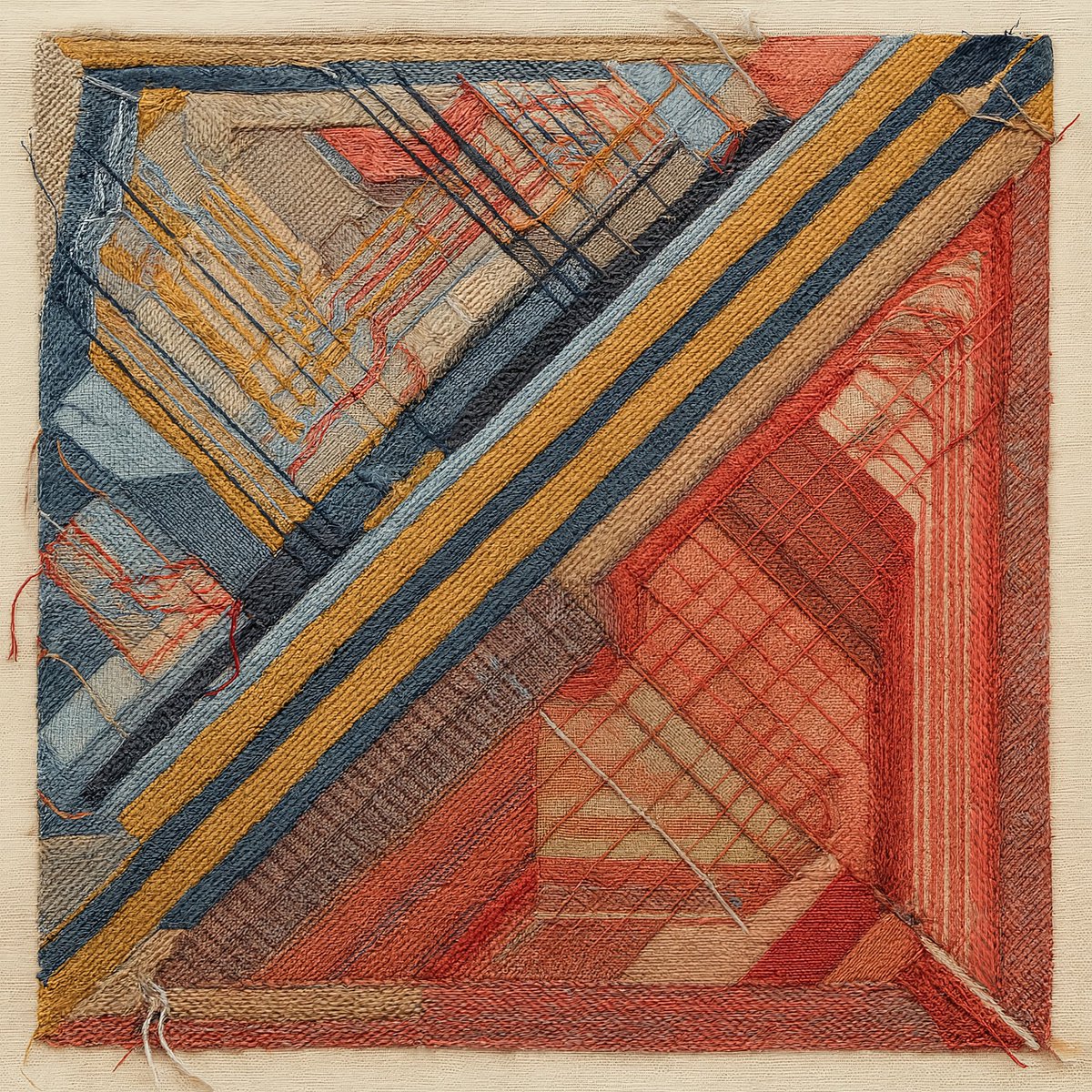 From our🧶collection: 
Left: A #textile #abstraction by Günter Baumgärtel (Plauen, #DDR, 1932-2019), "untitled",  1960s/70s, embroidery,  28×26cm. 
Right: "Messy Looms #022", Aug. 13 2025, by generative artist <a href="/CCDDBB/">CCDDBB</a> . " This series of textile patches emerges from curated
