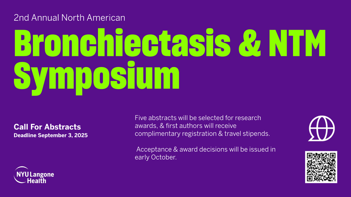 🚨 Now accepting abstract submissions for the 2nd North American #Bronchiectasis &amp; #NTM Symposium!

🗓️ Deadline: Sept 3, 2025
📍 Poster sessions: Dec 2–3, 2025

Submit now 👉  bit.ly/4dD80RT
 #MedEd #PCCM #Pulmonary