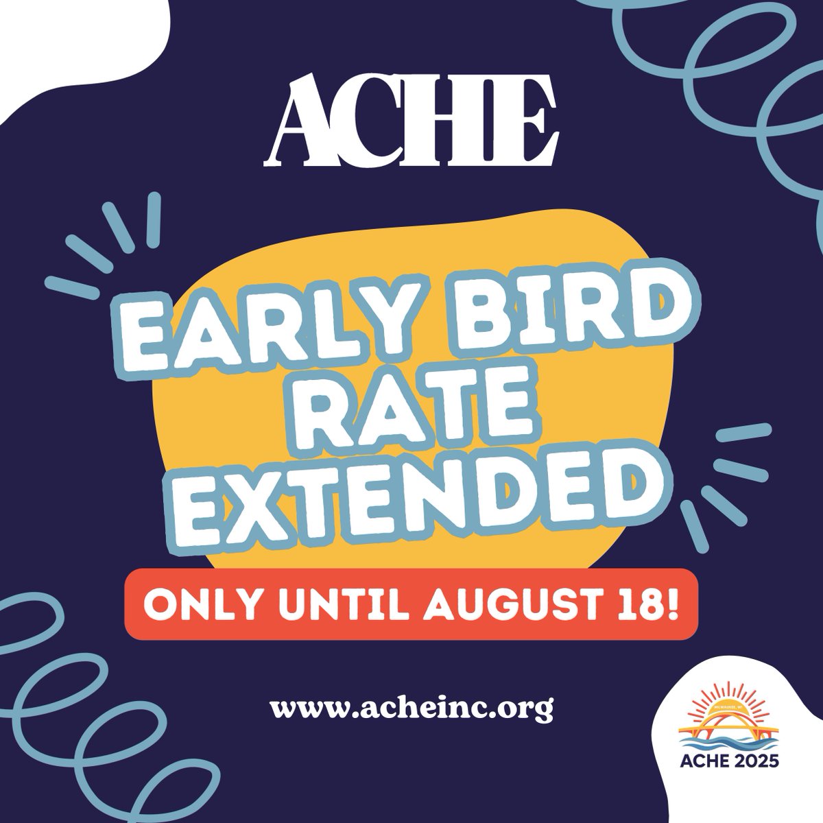🚨 Early Bird Rate Extended! 🚨
You asked, we listened — Early Bird pricing for the ACHE Conference is now available until August 18! 
Don’t miss your chance to save and secure your spot at this year’s event. Register today and join us in Milwaukee!
acheinc.org/events/ache-20…