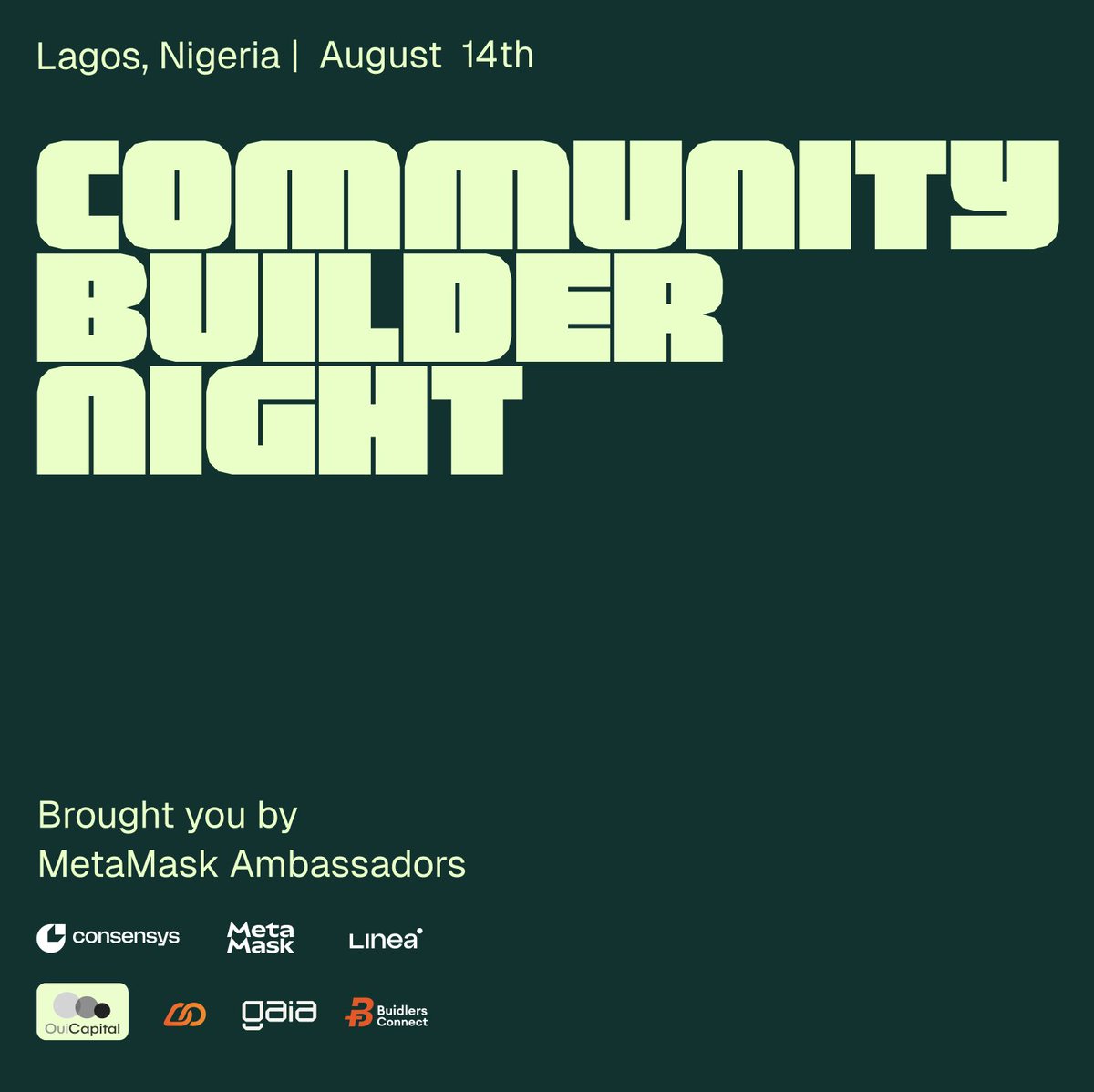 Community Builder night is happening tomorrow in Lagos and if you're a builder or dev, here's why you shouldn't miss it!👇🏿

it is a special edition of the well-known Builder Nights, hosted by the Oui Capital team.

It’s more than just an event, it’s where founders, developers,