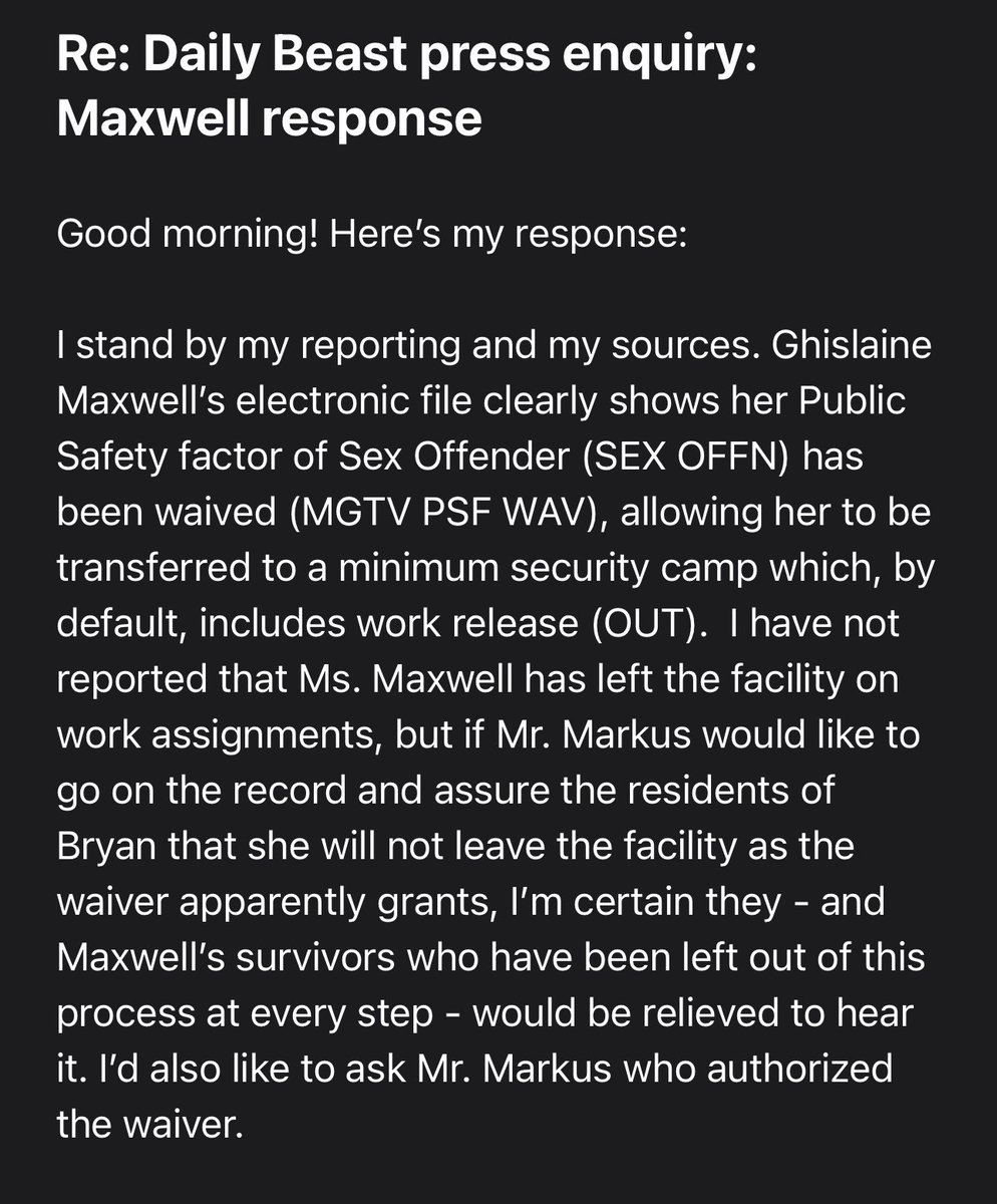 Mueller, She Wrote (@muellershewrote) on Twitter photo My reporting has come to the attention of Ghislaine Maxwell’s attorney. Here’s the response I provided to the <a href="/thedailybeast/">The Daily Beast</a> My reporting has come to the attention of Ghislaine Maxwell’s attorney. Here’s the response I provided to the <a href="/thedailybeast/">The Daily Beast</a>