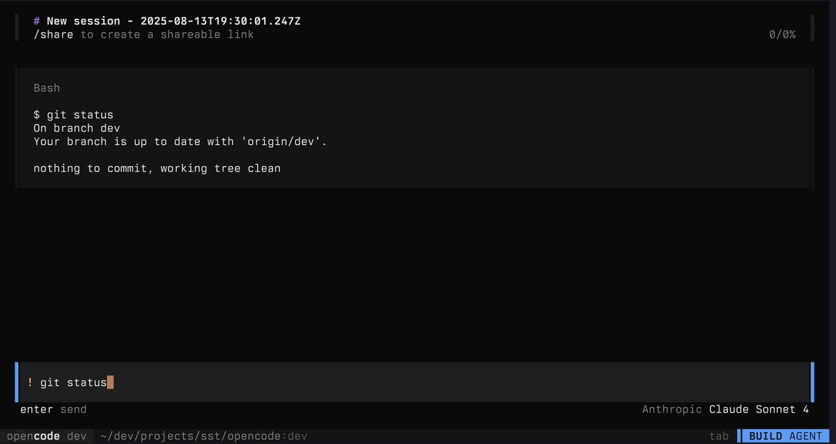 this week we should close out the missing features in opencode that are in claude code

in 0.4.43 you can do ! to run any shell commands - these go into your session so the agent can see the results, useful for giving it additional context