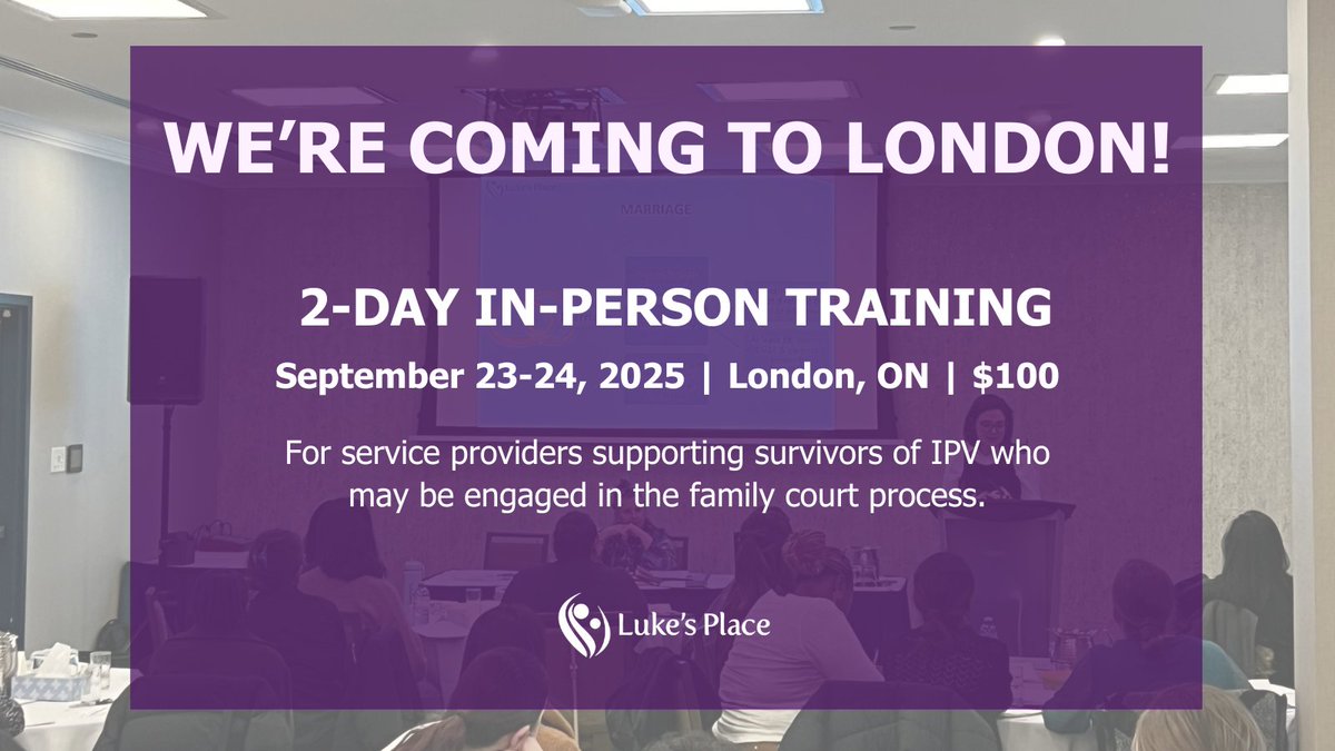 Luke's Place (@lukesplace1) on Twitter photo 🚨 Luke's Place is coming to London in September!
Join our two-day training for those supporting survivors of IPV. Only $100, lunch included!
Interested? Email training@lukesplace.ca! 🚨 Luke's Place is coming to London in September!
Join our two-day training for those supporting survivors of IPV. Only $100, lunch included!
Interested? Email training@lukesplace.ca!