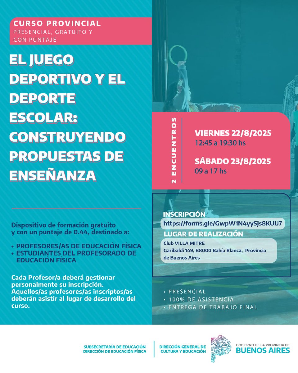 Leo Troncoso (@leot14) on Twitter photo El 22-23 de agosto en Bahía Blanca, realizaremos un Curso Provincial Gratuito y con Puntaje 👉🏻El Juego Deportivo y el Deporte Escolar.
Formación permanente y continua para seguir fortaleciendo la Educación Pública en PBA💙.
<a href="/Kicillofok/">Axel Kicillof</a> <a href="/fsusbielles/">Federico Susbielles</a>
<a href="/AlbertoSileoni/">Alberto Sileoni</a> <a href="/pablourquizaok/">Pablo Urquiza</a> El 22-23 de agosto en Bahía Blanca, realizaremos un Curso Provincial Gratuito y con Puntaje 👉🏻El Juego Deportivo y el Deporte Escolar.
Formación permanente y continua para seguir fortaleciendo la Educación Pública en PBA💙.
<a href="/Kicillofok/">Axel Kicillof</a> <a href="/fsusbielles/">Federico Susbielles</a>
<a href="/AlbertoSileoni/">Alberto Sileoni</a> <a href="/pablourquizaok/">Pablo Urquiza</a>