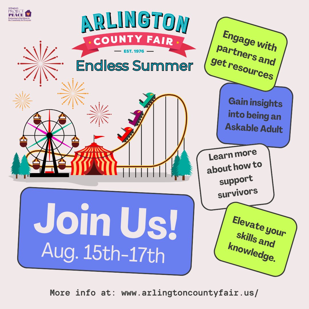 📢We're looking forward to seeing so many of you THIS WEEKEND at the <a href="/arlingtoncofair/">Arlington County Fair</a>
You can find us inside in the Living and Thriving section. We can't wait to be in community with you 🎉