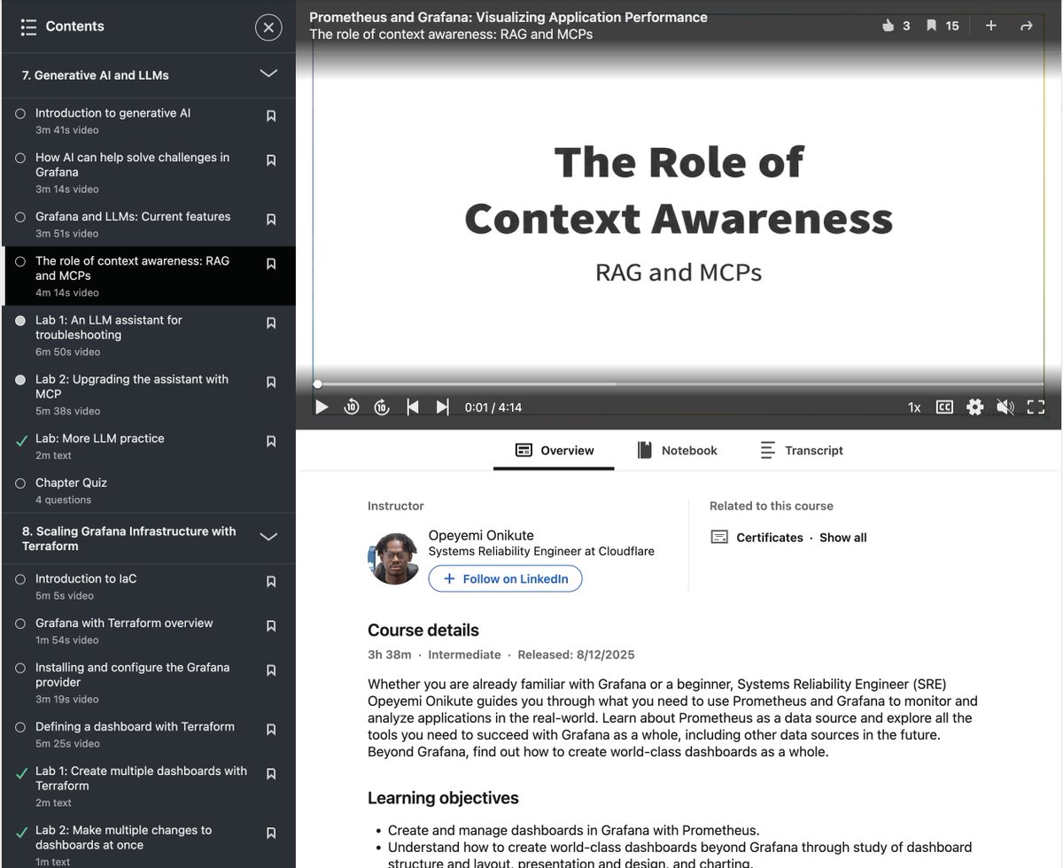 Ope__O's tweet image. My second course, &quot;Prometheus and Grafana: Visualizing Application Performance&quot; is available on Linkedin Learning!

I genuinely believe it&apos;s one of the best courses on Grafana on the market, and I&apos;m really proud of the work put into this.

Check it out!

linkedin.com/learning-login…