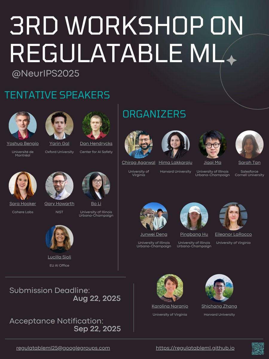 Karolina Naranjo (@karolinaranjo) on Twitter photo ⏰ ONLY 9 DAYS LEFT! ⏰
Submit to 3rd Regulatable ML Workshop <a href="/NeurIPSConf/">NeurIPS Conference</a>
Call for Papers: regulatableml.github.io/cfp/
Also seeking reviewers! Fill out our form: forms.gle/JxHmzEZuwKgtSd…
Don't wait - submit now!
#CallForPapers #CallForReviewers #NeurIPS2025 #MLSafety #TechPolicy ⏰ ONLY 9 DAYS LEFT! ⏰
Submit to 3rd Regulatable ML Workshop <a href="/NeurIPSConf/">NeurIPS Conference</a>
Call for Papers: regulatableml.github.io/cfp/
Also seeking reviewers! Fill out our form: forms.gle/JxHmzEZuwKgtSd…
Don't wait - submit now!
#CallForPapers #CallForReviewers #NeurIPS2025 #MLSafety #TechPolicy