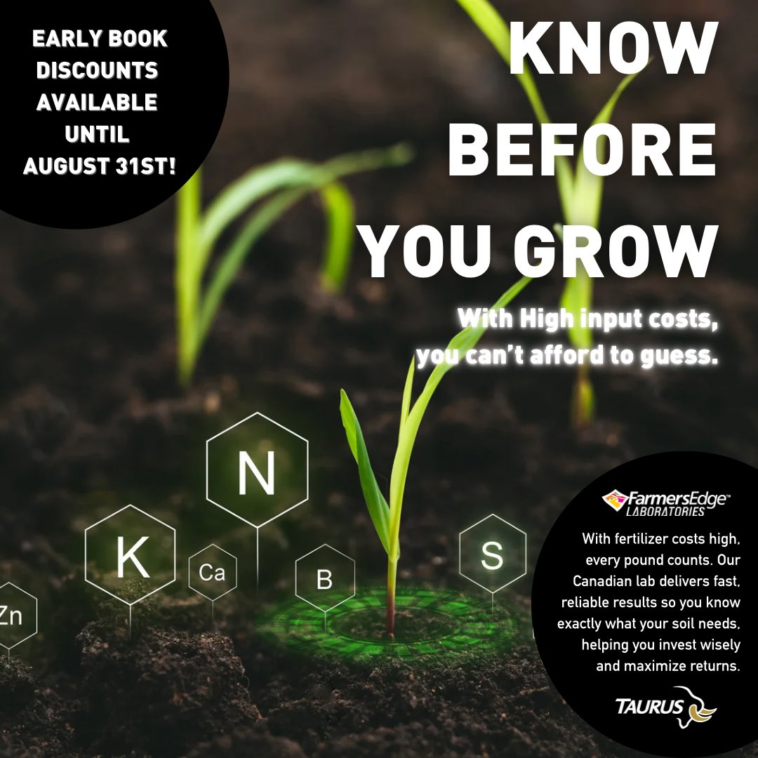 In 2026, every decision counts. Start with the facts, start with a soil test.

Every dollar matters. Every pound of fertilizer matters.

Quick turnaround. Trusted Canadian lab.
Order by Aug 31 for early-book discounts: forms.office.com/r/HcZPTAUDGw
