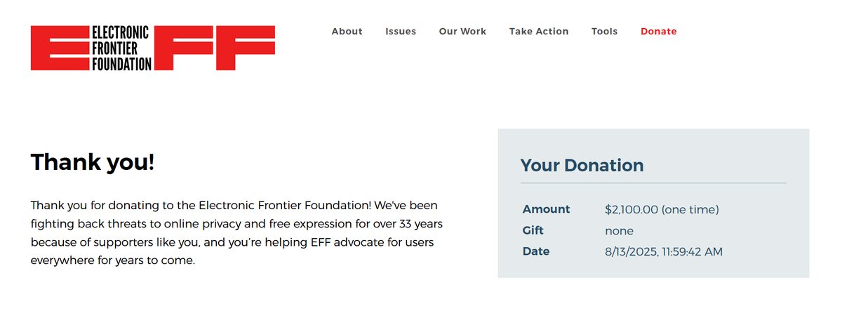 클리피가 Electronic Frontier Foundation(EFF)에 $2,100을 기부한 스크린샷