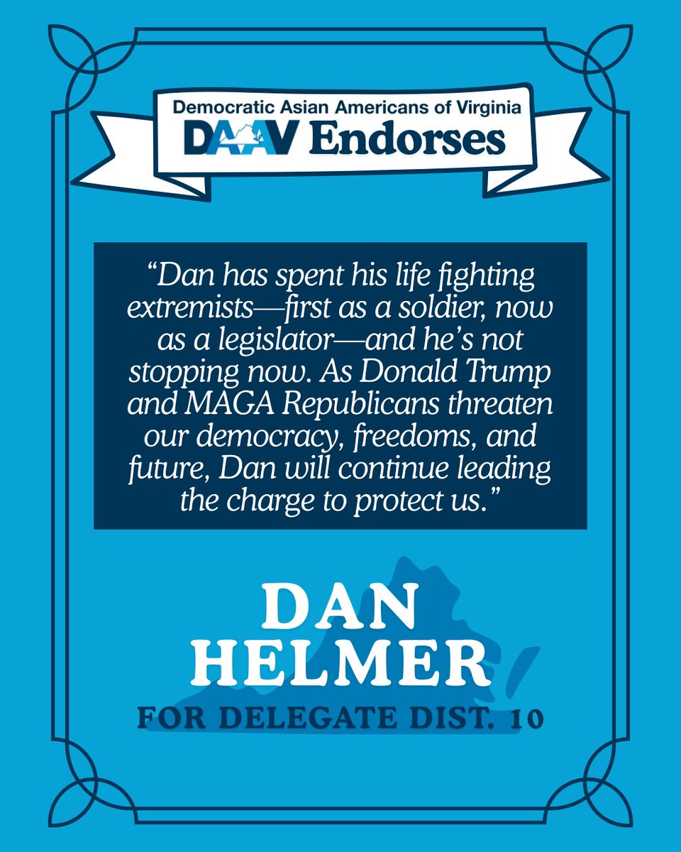 Virginia Asian Dems (@daav9) on Twitter photo DAAV is proud to endorse Delegate Dan Helmer for re-election!
Please volunteer and support <a href="/HelmerVA/">Dan Helmer</a> at danhelmer.com DAAV is proud to endorse Delegate Dan Helmer for re-election!
Please volunteer and support <a href="/HelmerVA/">Dan Helmer</a> at danhelmer.com