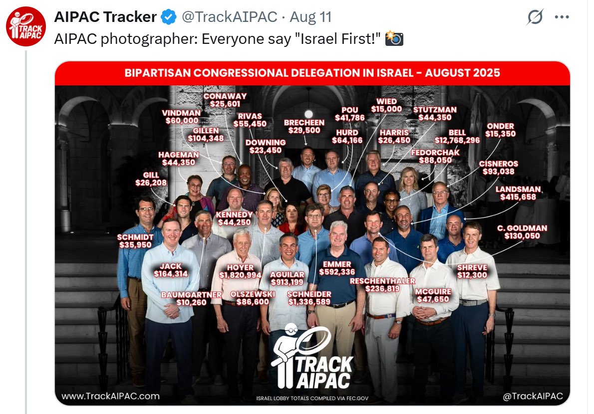 It is disgraceful that Democratic and Republican members of Congress spent their August recess on an AIPAC-affiliated American Israel Education Foundation-funded propaganda junket to a foreign country instead of serving the American people they were elected to represent.

While