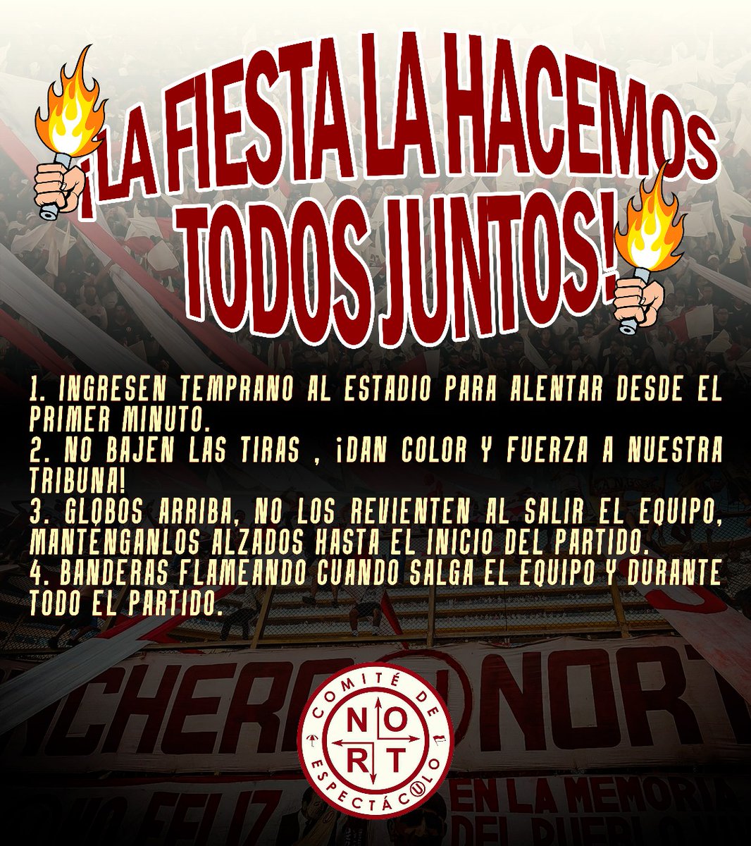 ¡La fiesta la hacemos todos juntos⛱️ ! 
📢 Ingresen temprano al estadio para alentar desde el primer minuto.
❌ No bajen las tiras , ¡dan color y fuerza a nuestra tribuna!
🎈 Globos arriba, no los revienten al salir el equipo, manténganlos alzados hasta el inicio del partido.