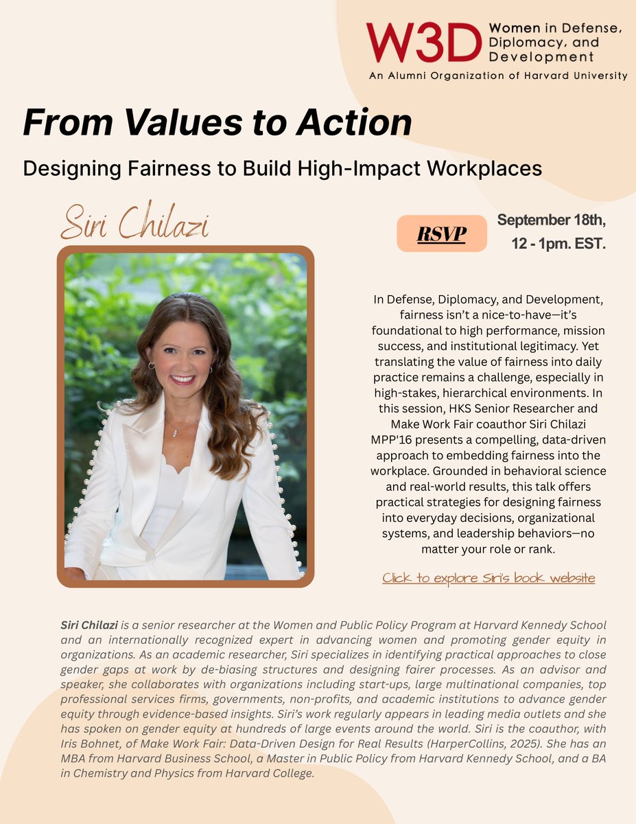 ✨Join us on September 18th from 12-1 pm EST to learn more about designing fairness to build high-impact workplaces with HKS Senior Researcher and Make Work Fair coauthor Siri Chilazi MPP'16!