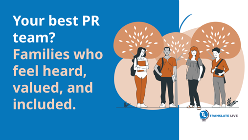 TranslateLive's tweet photo. Your best PR team?
Families who feel heard, valued, and included.

Learn how breaking communication barriers with multilingual families can strengthen trust—&amp; your enrollment.

🔗 [https://t.co/Fn6LX0R4Vj]

#K12 #FamilyEngagement #MultilingualEducation #LanguageAccess #SchoolPR https://t.co/PgLyN3oPh6