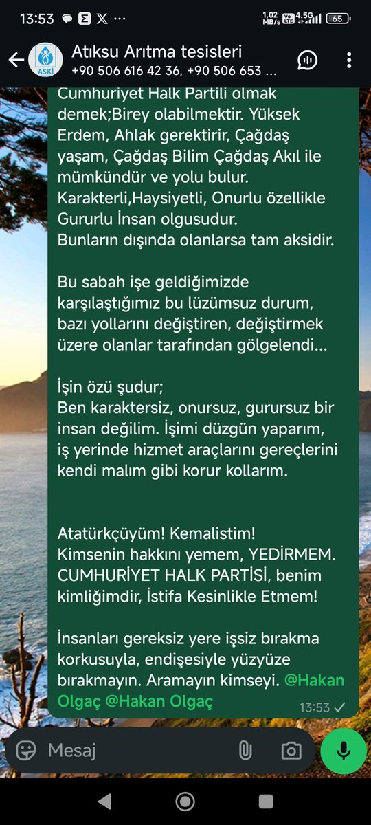 Hardline10's tweet photo. @AydinBuyuksehir @OZLEM_CERCIOGLU #aydinaski #chpaydın #chp @eczozgurozel
Bu gün çalışmakta olduğum kurumda yaşadığım hadise.
Üyesi olduğum partiden zorla istifamı isteyen daire amire ve mesai arkadaşlarıma attığım ortak WhatsApp grubu msgım.
#mobing https://t.co/flj8Y0QfJA