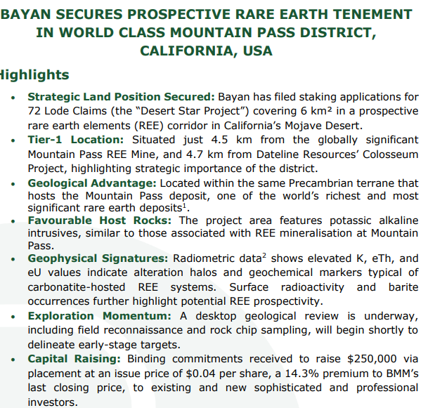 MrShare_expert's tweet photo. Part 5 of 6 🌋🌋 #erupted 💰💰

This stock went booom, up 50% yesterday & is at the centre of market attention, no wonder i liked it from the start #HODling

🔥🔥 $BMM 🔥🔥 #rareearths  #nearology #USA 

Most Exciting project👇👇
Recent acquisition of Desert Star project near $DTR & #MP mine, one of the best #nearology play in #rareearths

⚡️Tier-1 Location:  4.5 km from the globally significant Mountain Pass REE Mine, and 4.7 km from Dateline Resources’ Colosseum Project, ,near $DTR which went up ~85 bhaaags & staying strong 🤯🤯

⚡️4.5km  from North america's only #rareearths producing mine #MP #USdefence, check photo below👇

⚡️#rareearth the most critical mineral in USA now & centre of hype right now...

⚡️DESKTOP REVIEW OF GEOPHYSICAL DATA COMMENCED

⚡️samples from Desert Star project sent to ALS pending assay results in Sept, 2025

plus have few other projects in other commodities

Now make up your own DAMN MIND..

Disclosure: holding currently and hOdling tight..🙌 

As usual, Pls do your own research before investing & do so at your own risk, above are my opinions only. TY4Reading