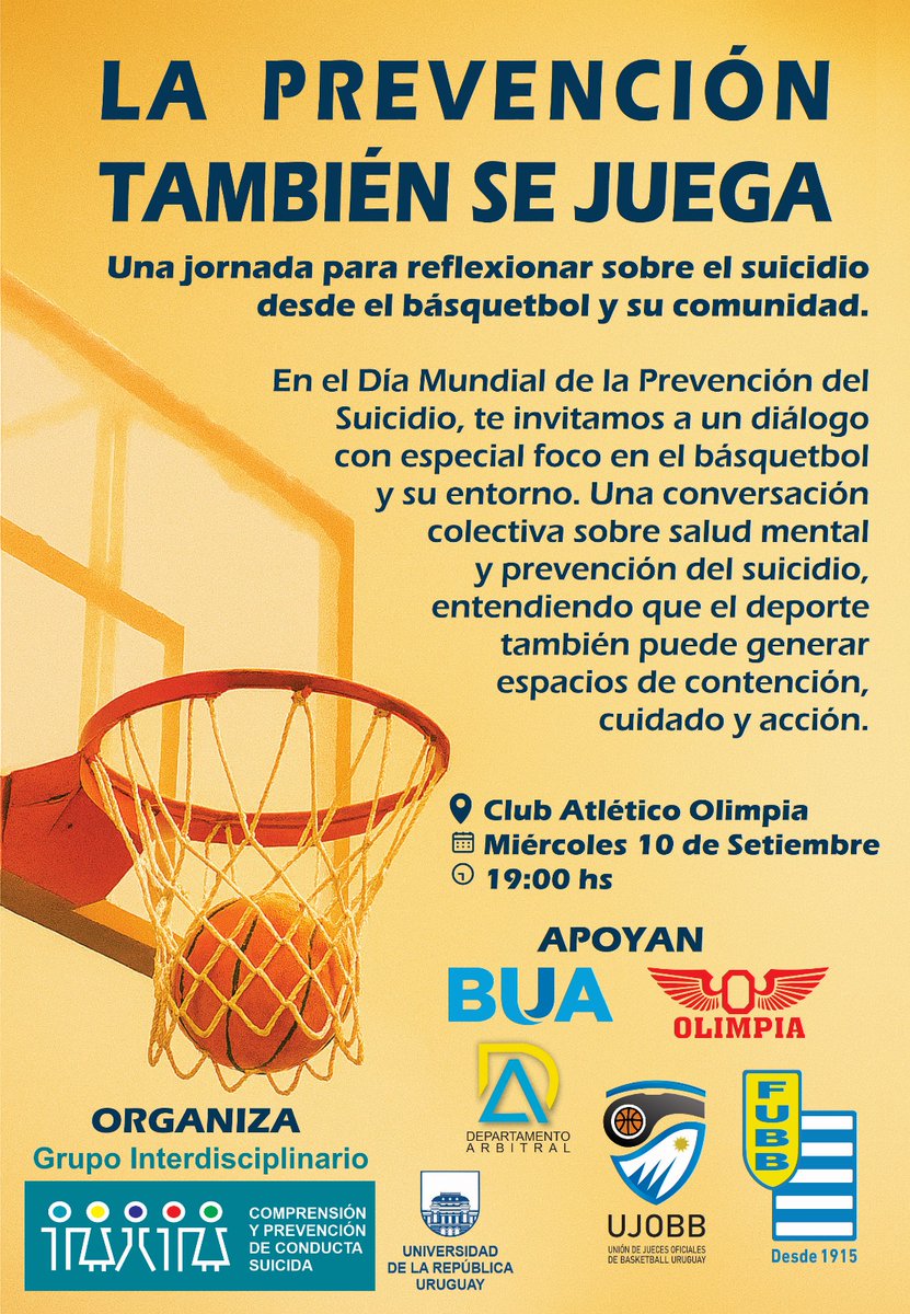 La prevención también se juega.

Una jornada para reflexionar sobre el suicidio desde el básquetbol y su comunidad.

Miercoles 10 de setiembre a las 19.00hs en el Club Atlético Olímpia