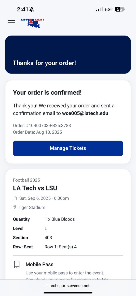 Clay Easley (@clayeasley51) on Twitter photo If you are a student make sure to look at this email from Athletics!! From here you can sign up for <a href="/BlueBloodsLT/">Blue Bloods | Louisiana Tech</a> and get your discounted tickets for away games just like i just got my LSU game ticket!! #BarkLouder If you are a student make sure to look at this email from Athletics!! From here you can sign up for <a href="/BlueBloodsLT/">Blue Bloods | Louisiana Tech</a> and get your discounted tickets for away games just like i just got my LSU game ticket!! #BarkLouder