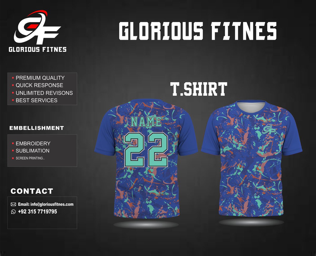 Sublimated T-shirt Season 2025.
Experience Quality 
.Contact us today all your Custom Sports Uniforms &amp; Apparels.
Glorious Fitnes Competitive prices, 
Fast turnaround, high quality! DM us to place your order today 
Email: info@gloriousfitnes.com
WhatsApp Number. +92 315 7719795