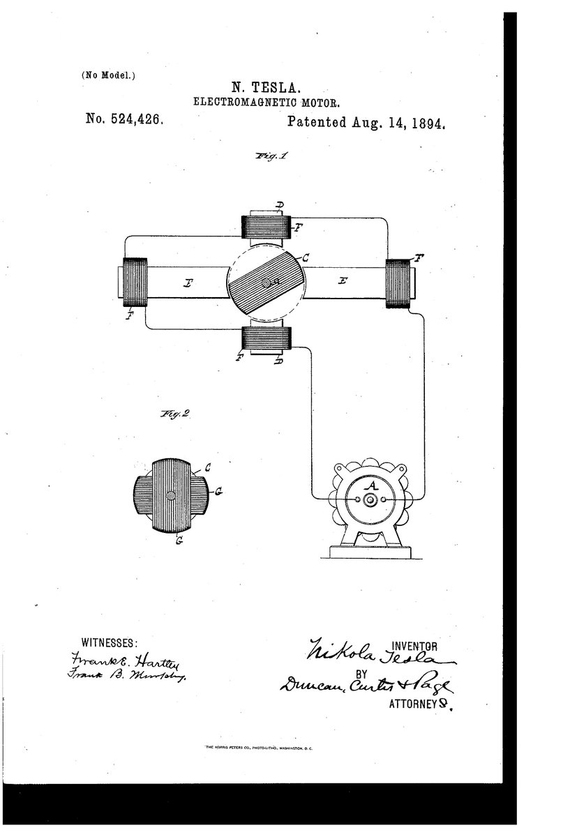 On Aug 14 1894, Nikola Tesla patented Electromagnetic Motor.