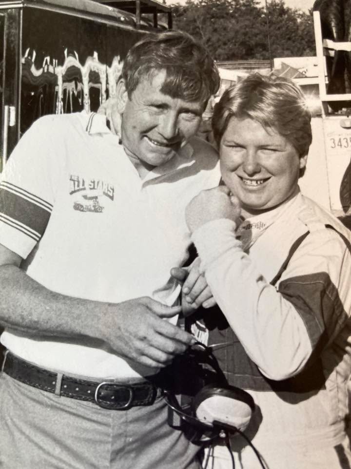 PatSullivanIndy's tweet photo. David Tucker captured this image of the great Bert Emick who we just lost and Kelly Kinser who we honor this Friday night when the ASCoC come to the Historic Bloomington Speedway. It is the first appearance of the All Stars in over a quarter century. https://t.co/ChlbzJ3ueL