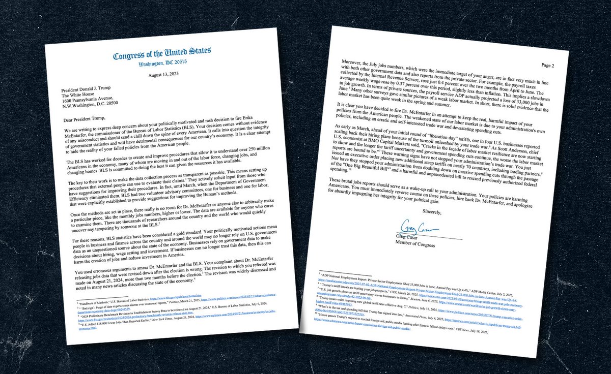 Trump fired the nation’s top labor data official after bad economic reports. Now he wants to replace her with a right-wing loyalist.

I led 87 members of Congress on a letter demanding Trump reverse course and stop trying to hide his failed economic policies.