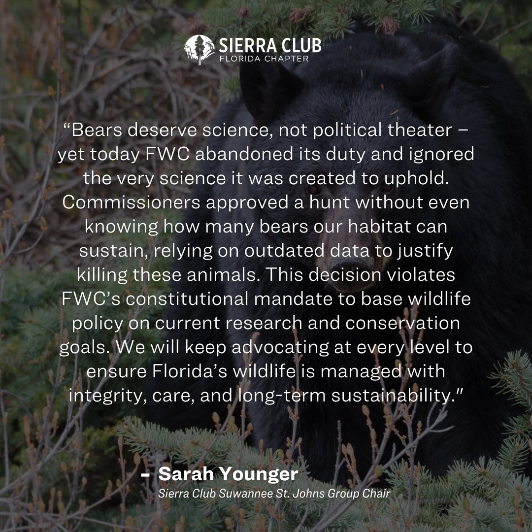 Today – in direct defiance of public opinion, science, and its own wildlife data – the Florida Fish and Wildlife Conservation Commission (FWC) voted to reinstate black bear hunting in Florida.

Read our full statement here: sierraclub.org/florida/blog/2…